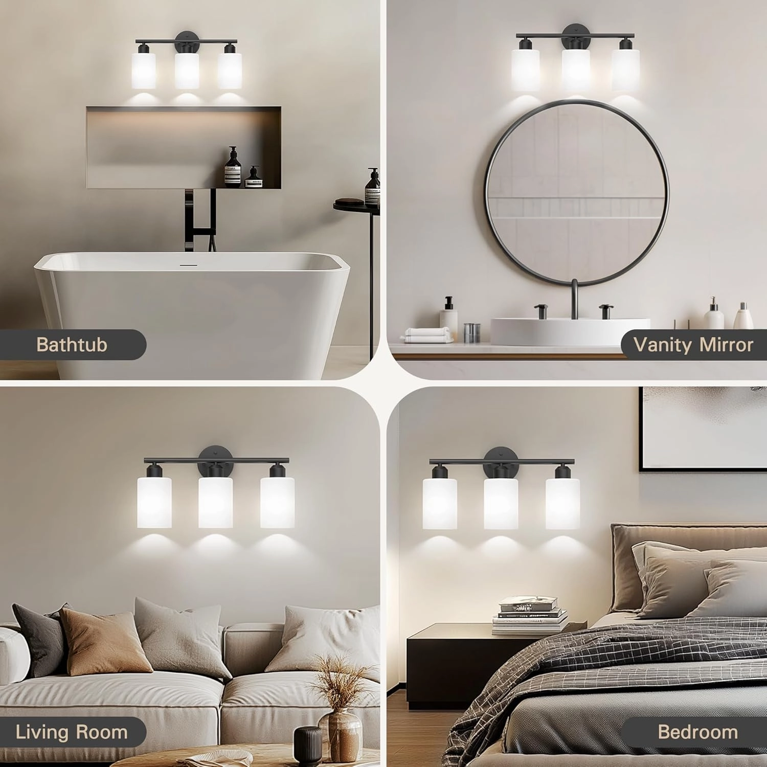 Espird Bathroom Vanity Light Fixtures Matte Black Bathroom Lighting Fixture, 3 Lights Bathroom Light Fixture Over Mirror, Modern Vanity Light, Wall Sconces with Milky White Glass Shades