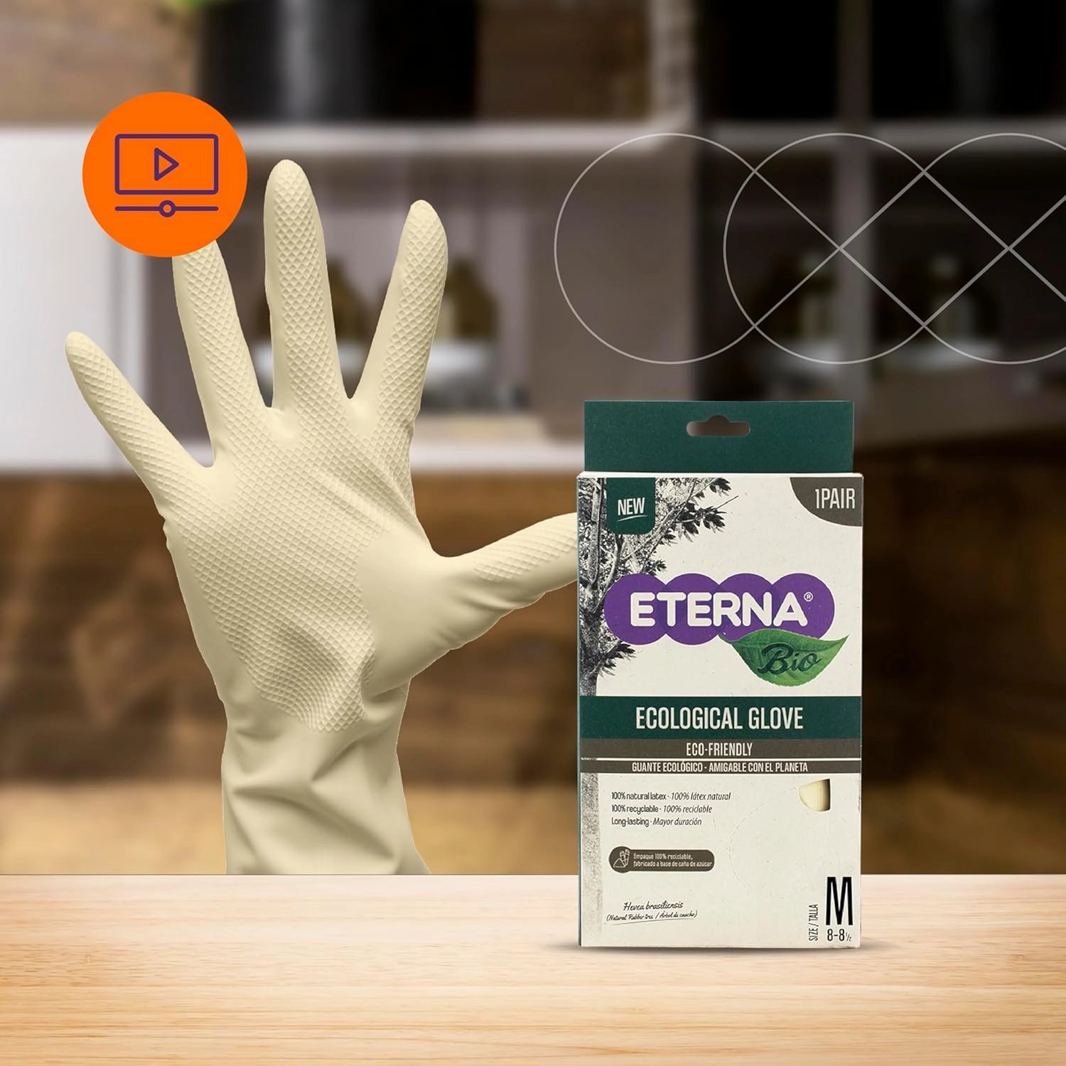 ETERNA Ecological Gloves, Gloves for Kitchen and Household Cleaning, Excelent Grip, Eco-Friendly, 100% Natural, Size M, 1.90 Oz (Pack of 3)