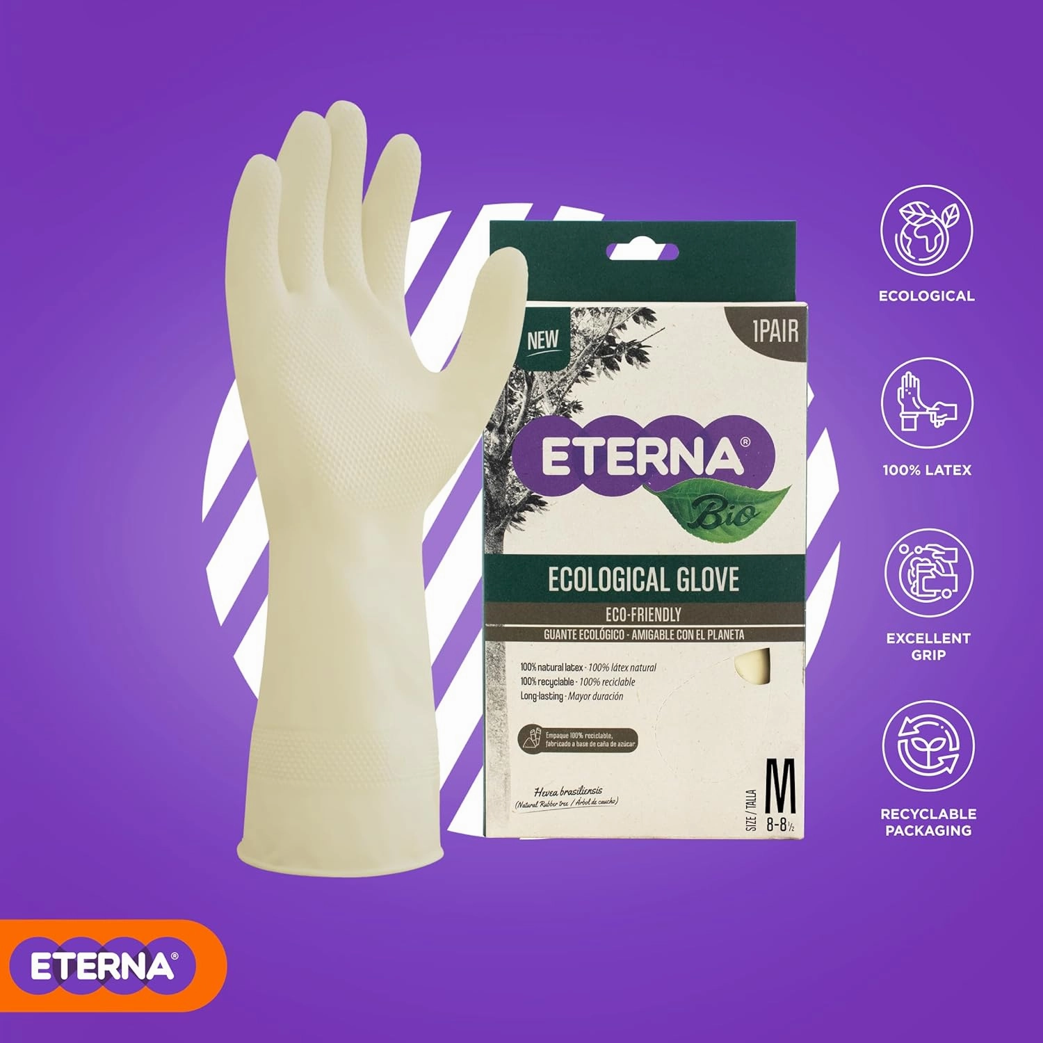 ETERNA Ecological Gloves, Gloves for Kitchen and Household Cleaning, Excelent Grip, Eco-Friendly, 100% Natural, Size M, 1.90 Oz (Pack of 3)