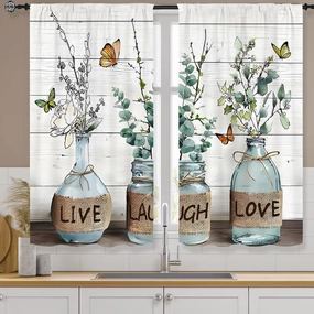 Eucalyptus Kitchen Curtains 27.5W X 39L Inch 2 Panels Rod Pocket Farmhouse Rustic Botanical Vintage Green Leaf Small Cafe Curtain Plant Bottle Wood Window Drapes Treatment Bathroom Home Decor