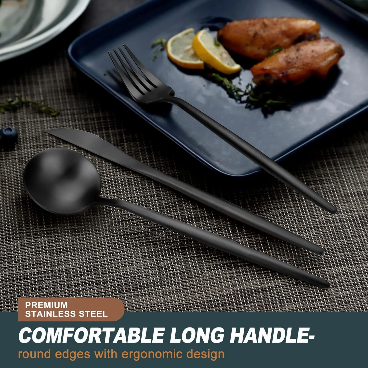 EUIRIO 48-Piece Matte Black Silverware Set with Steak Knives, Black Flatware Set for 8, Stainless Steel Forks and Spoons Silverware Sets, Black Cutlery Utensils Set, Satin Finish & Dishwasher Safe