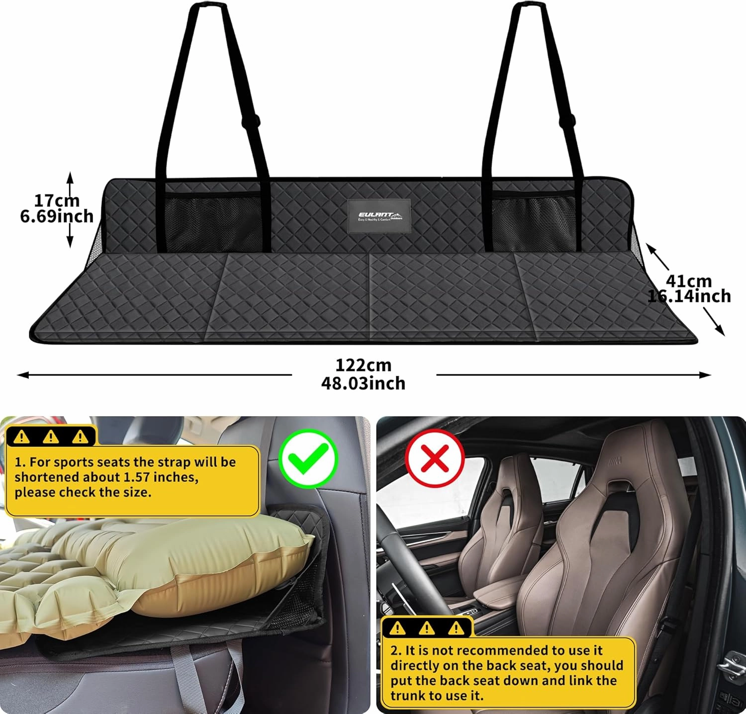 EULANT Portable Air Mattresses for Sleeping,Leather Car Rear Seat Mattress Extension Plate,Folding Car Bed Mattress Increase Travel Trunk Space & Car Bed Camping Space for Car/SUV/Model Y/3
