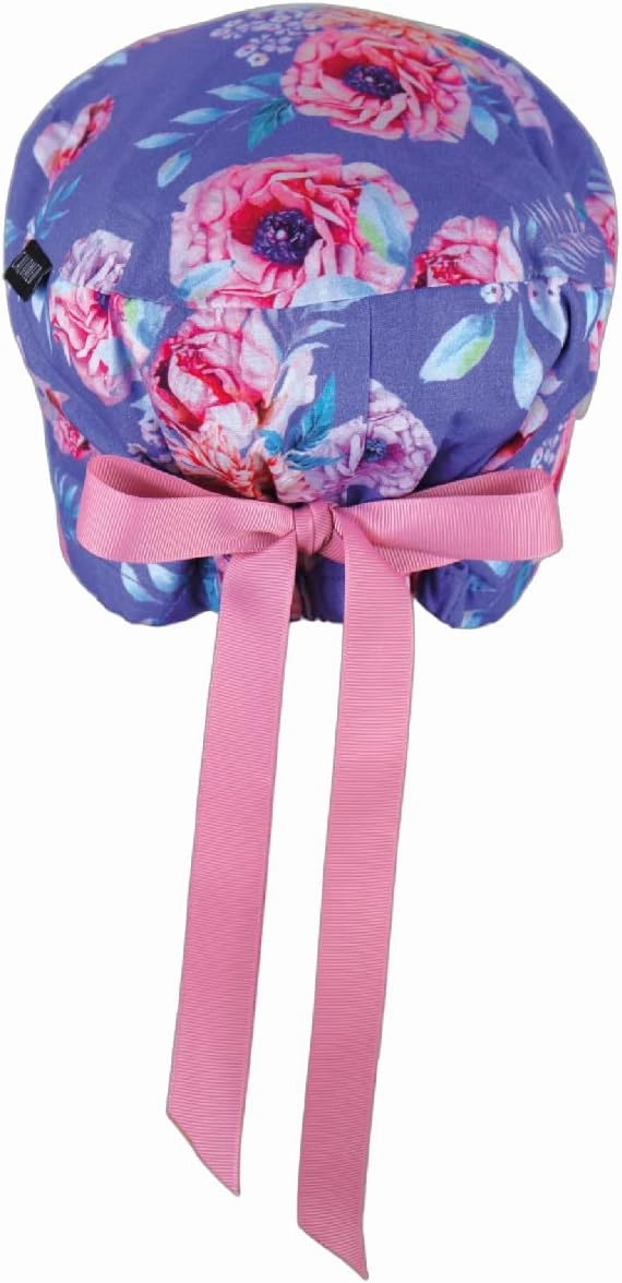 Euro Style Scrub Cap for Women & Men with Ribbon Ties & Buttons, Head Cover for Long or Short Hair