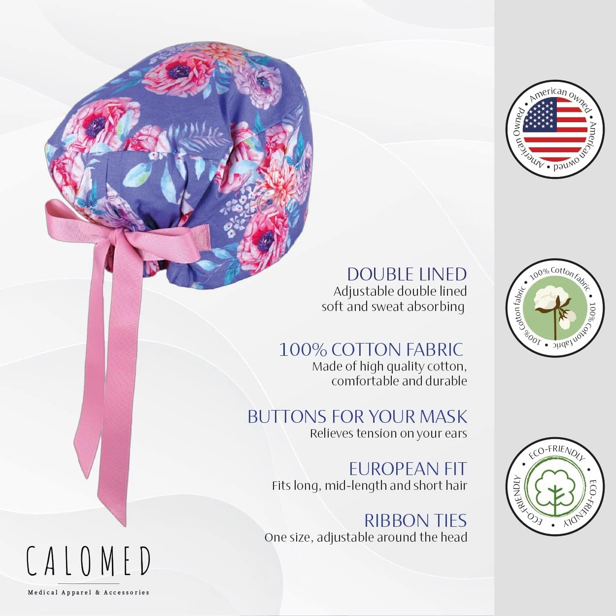 Euro Style Scrub Cap for Women & Men with Ribbon Ties & Buttons, Head Cover for Long or Short Hair