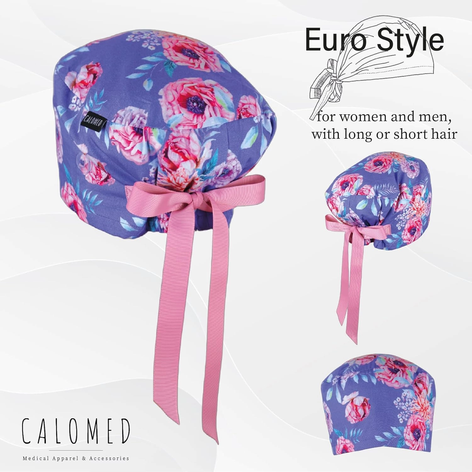 Euro Style Scrub Cap for Women & Men with Ribbon Ties & Buttons, Head Cover for Long or Short Hair