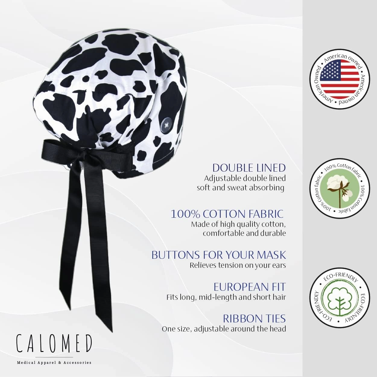 Euro Style Scrub Cap for Women & Men with Ribbon Ties & Buttons, Head Cover for Long or Short Hair