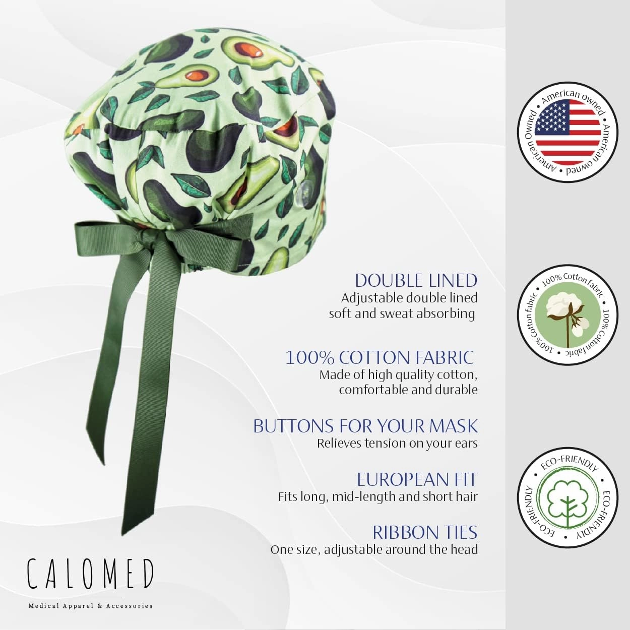 Euro Style Scrub Cap for Women & Men with Ribbon Ties & Buttons, Head Cover for Long or Short Hair