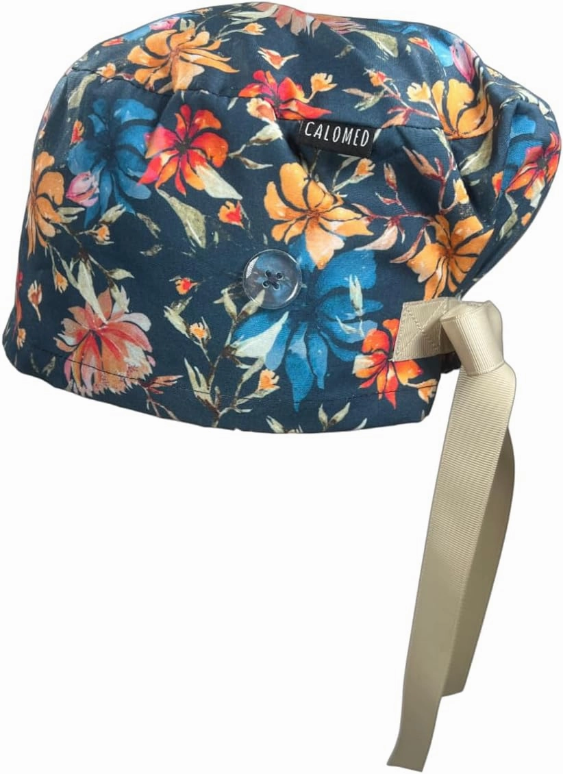 Euro Style Scrub Cap for Women & Men with Ribbon Ties & Buttons, Head Cover for Long or Short Hair