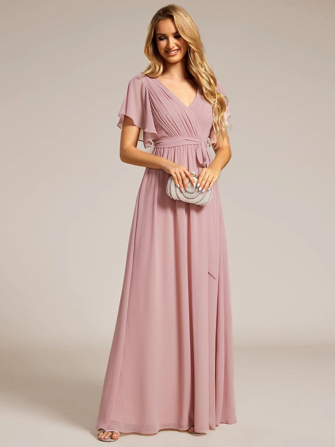 Ever-Pretty Women's Bridesmaid Dress V-Neck Ruffle Sleeves Ruched Bust Floor Length Chiffon Formal Dresses 0164A