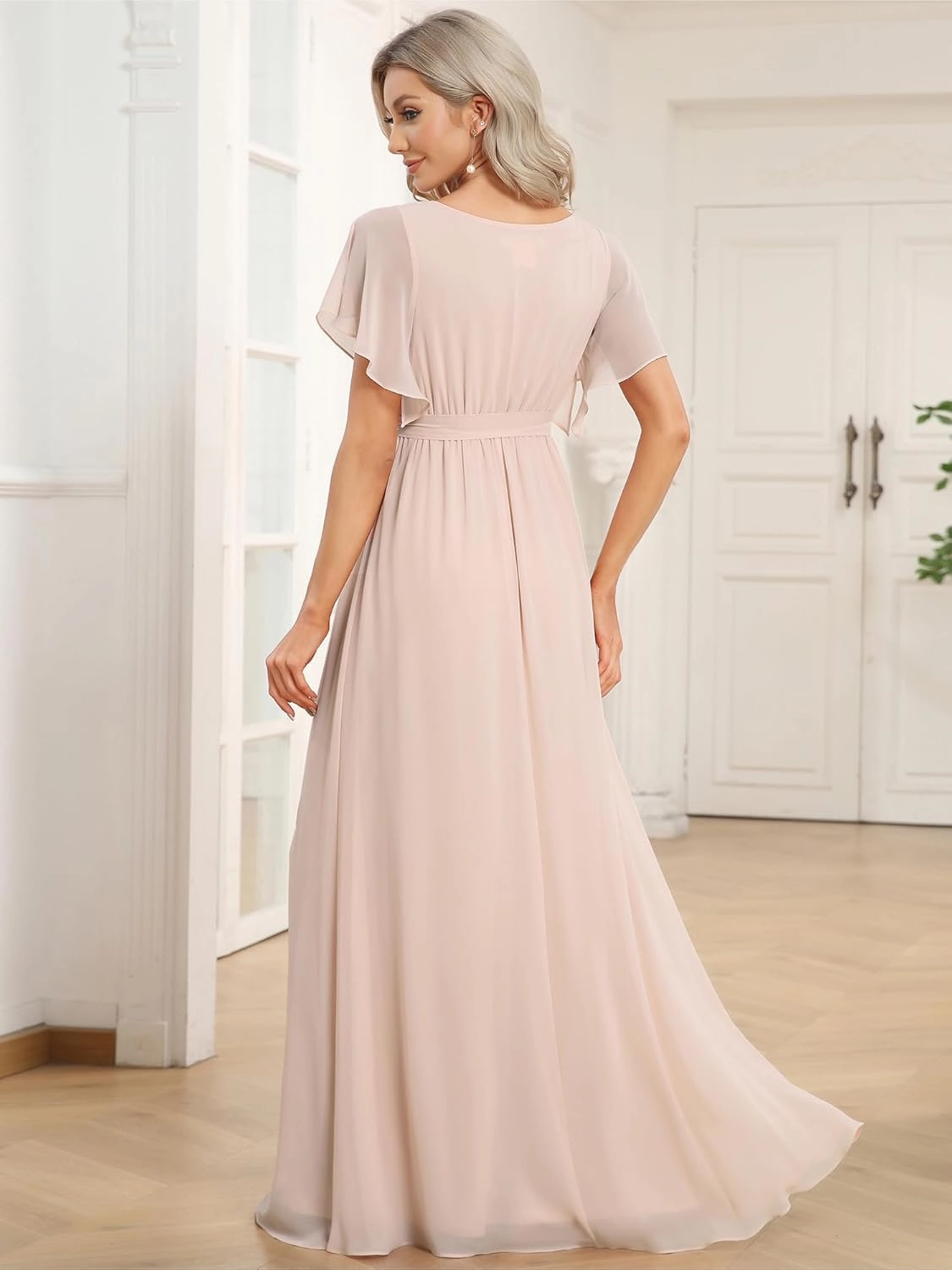 Ever-Pretty Women's Bridesmaid Dress V-Neck Ruffle Sleeves Ruched Bust Floor Length Chiffon Formal Dresses 0164A