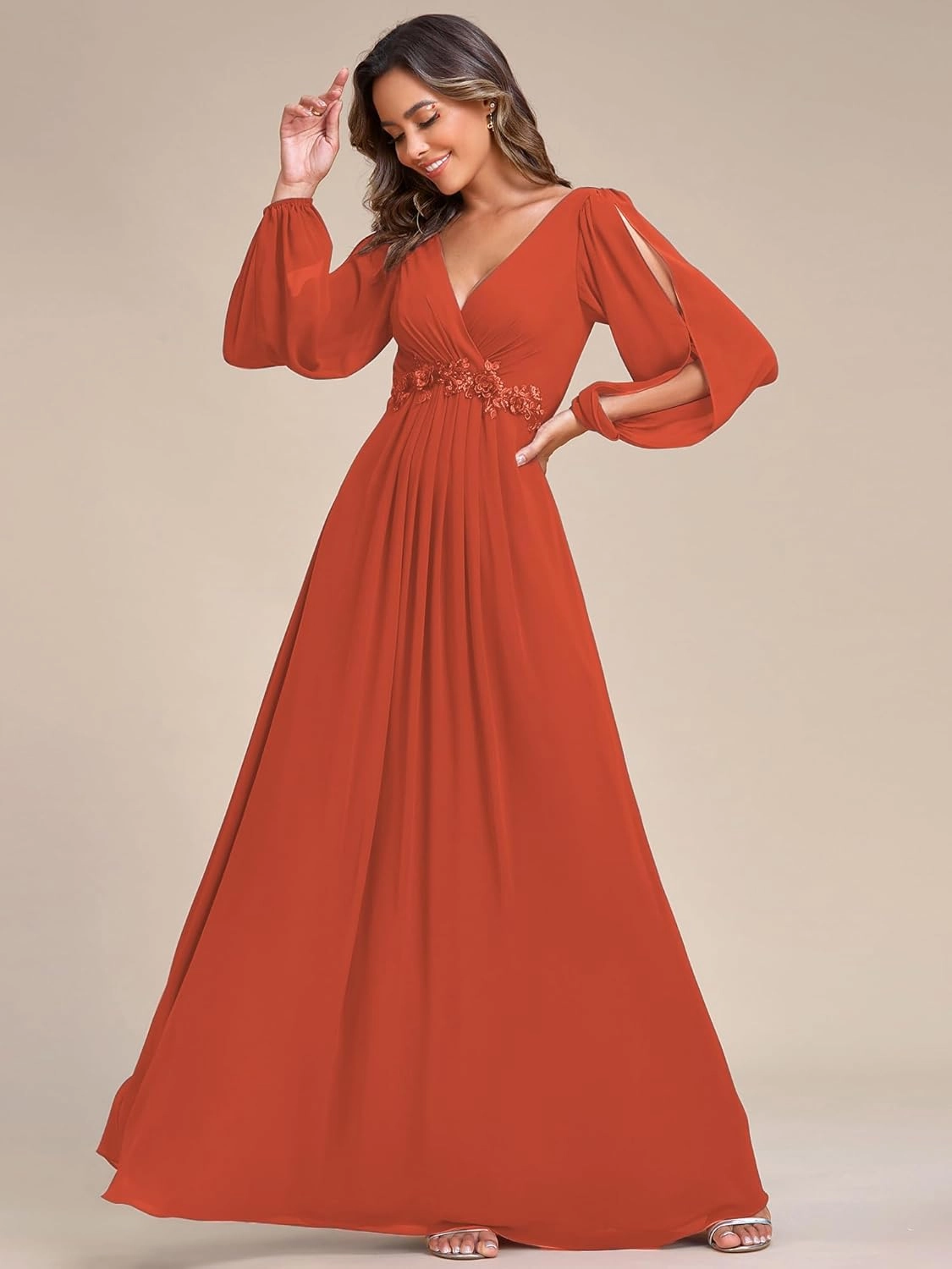 Ever-Pretty Women's V Neck Long Sleeves Floor Length Ruched Chiffon Formal Dress 00461