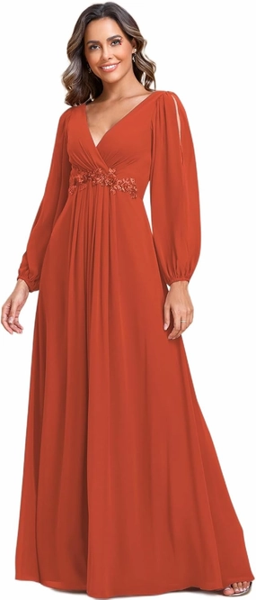 Ever-Pretty Women's V Neck Long Sleeves Floor Length Ruched Chiffon Formal Dress 00461