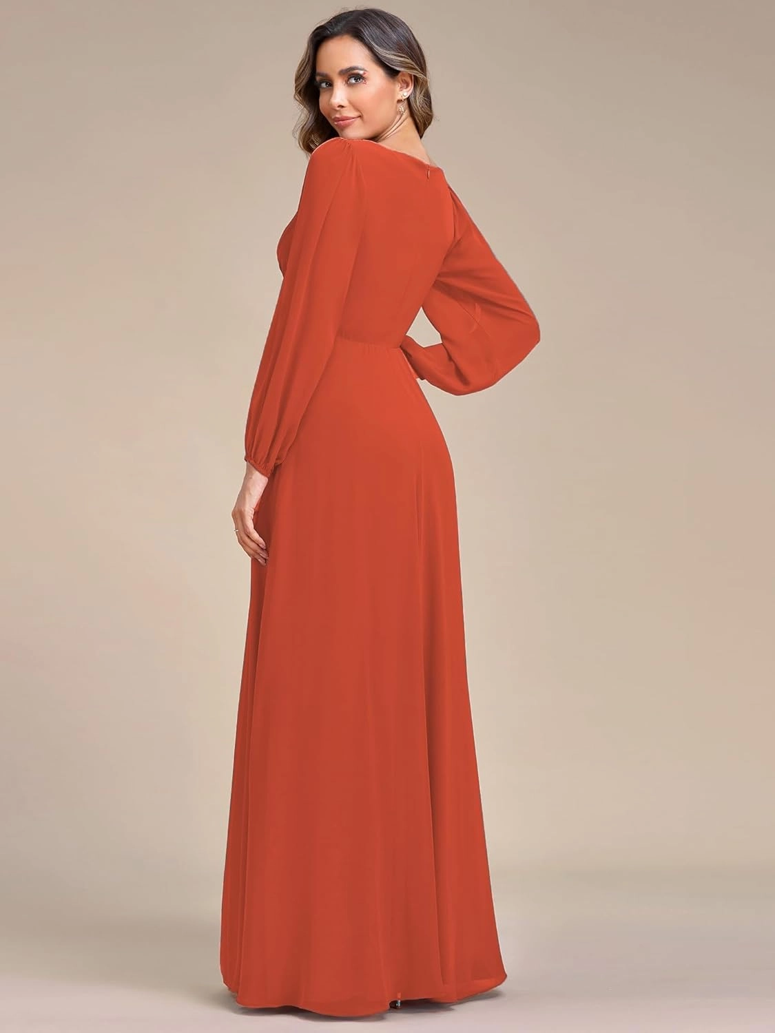 Ever-Pretty Women's V Neck Long Sleeves Floor Length Ruched Chiffon Formal Dress 00461