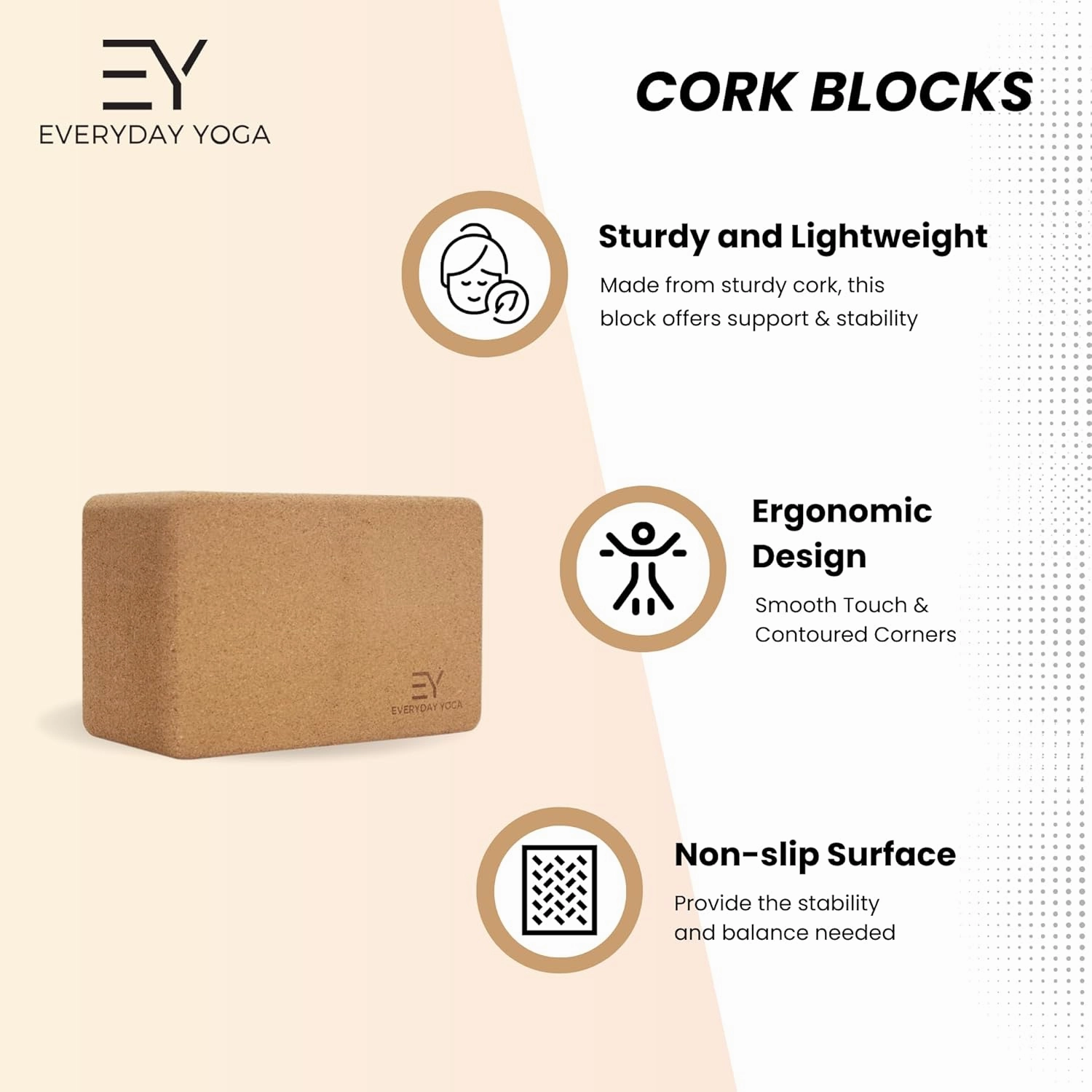 Everyday Yoga Premium Cork Block - Natural Cork, Improve Strength, Flexibility with Soft Brick Workout Handstand, (Single)
