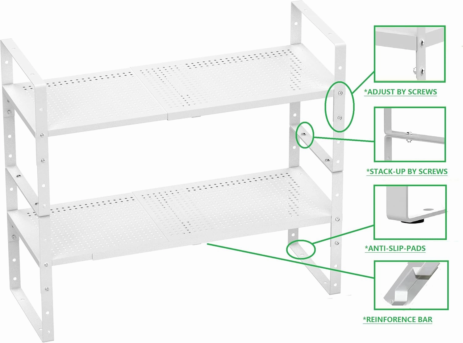 Expandable Spice Rack, Stackable Metal Pantry Storage Shelves Stand, Adjustable Height Cabinet Shelf Organizer Racks(2PACKS/WHITE,LARGE)