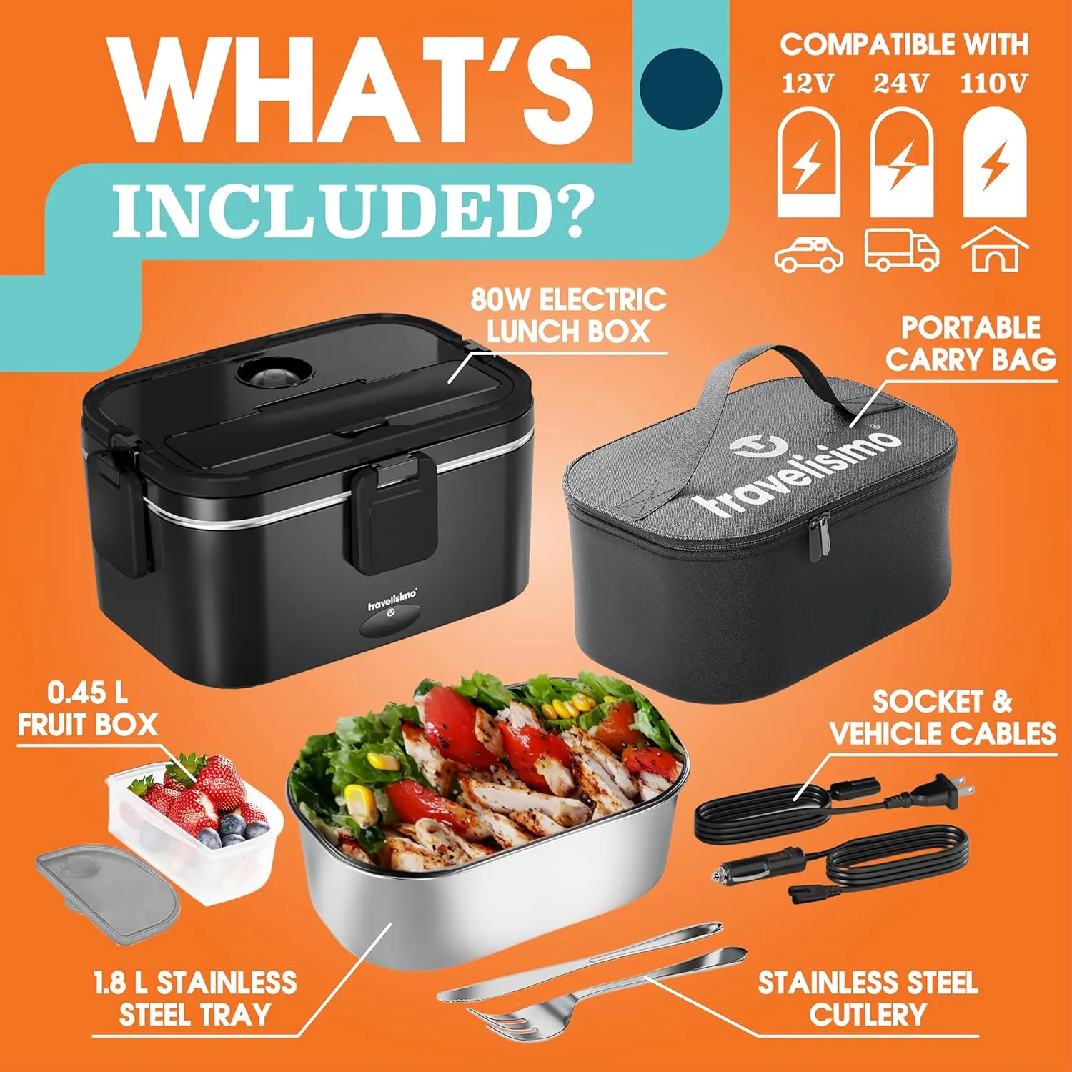 Extra-Large Electric Lunch Box for Adults Holds up to 8 Cups - 80W Heated Lunch Box 1.8L Portable Food Warmer, Heatable Lunchbox for Car Truck, Work - Loncheras para Hombres de Trabajo