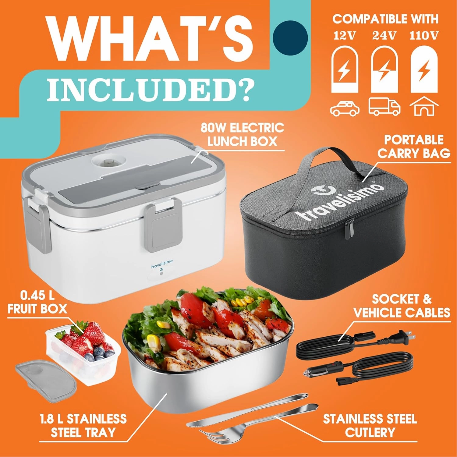 Extra-Large Electric Lunch Box for Adults Holds up to 8 Cups - 80W Heated Lunch Box 1.8L Portable Food Warmer, Heatable Lunchbox for Car Truck, Work - Loncheras para Hombres de Trabajo