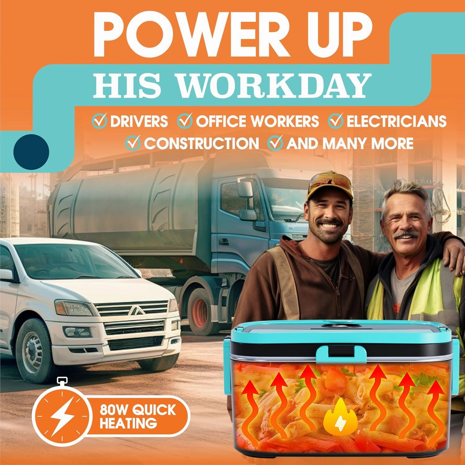 Extra-Large Electric Lunch Box for Adults Holds up to 8 Cups - 80W Heated Lunch Box 1.8L Portable Food Warmer, Heatable Lunchbox for Car Truck, Work - Loncheras para Hombres de Trabajo