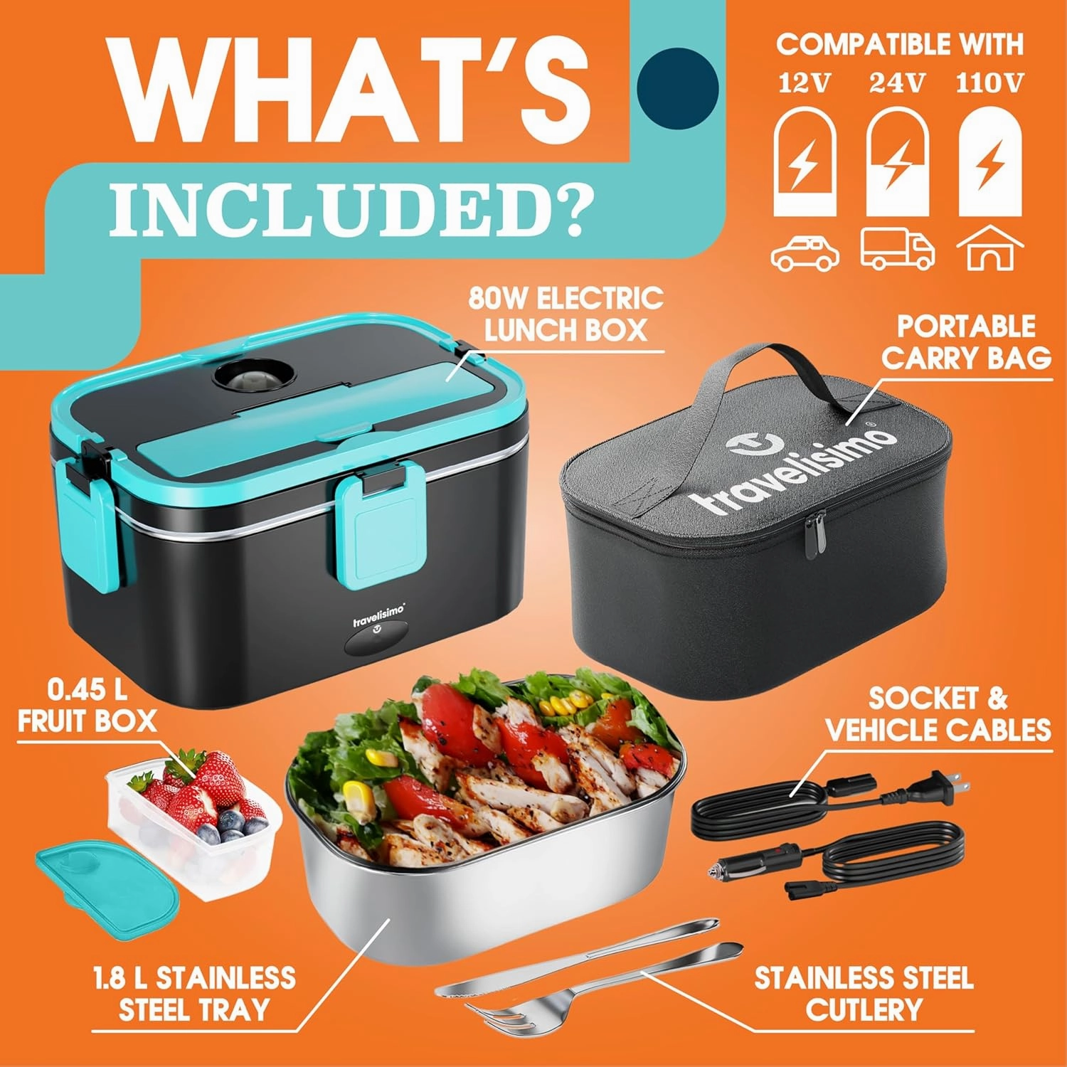 Extra-Large Electric Lunch Box for Adults Holds up to 8 Cups - 80W Heated Lunch Box 1.8L Portable Food Warmer, Heatable Lunchbox for Car Truck, Work - Loncheras para Hombres de Trabajo