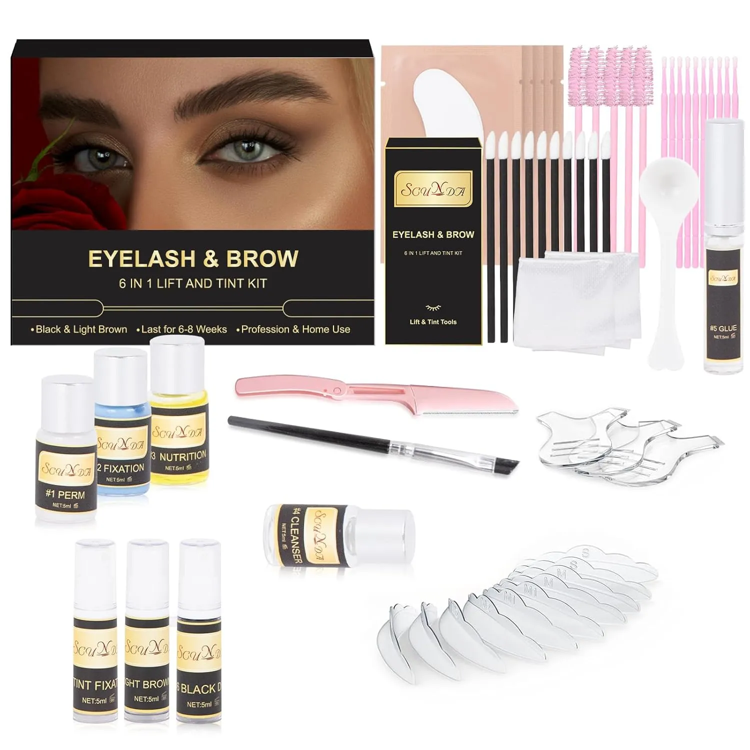 Eyebrow Tint and Lamination Kit, SCUNDA Lash Lift and Tint Kit, 6 IN I Professional Brow Lamination Kit with Black, Brow Colors, Instant Lash Lift Kit for Beginners, Fuller, Curling, Tinting