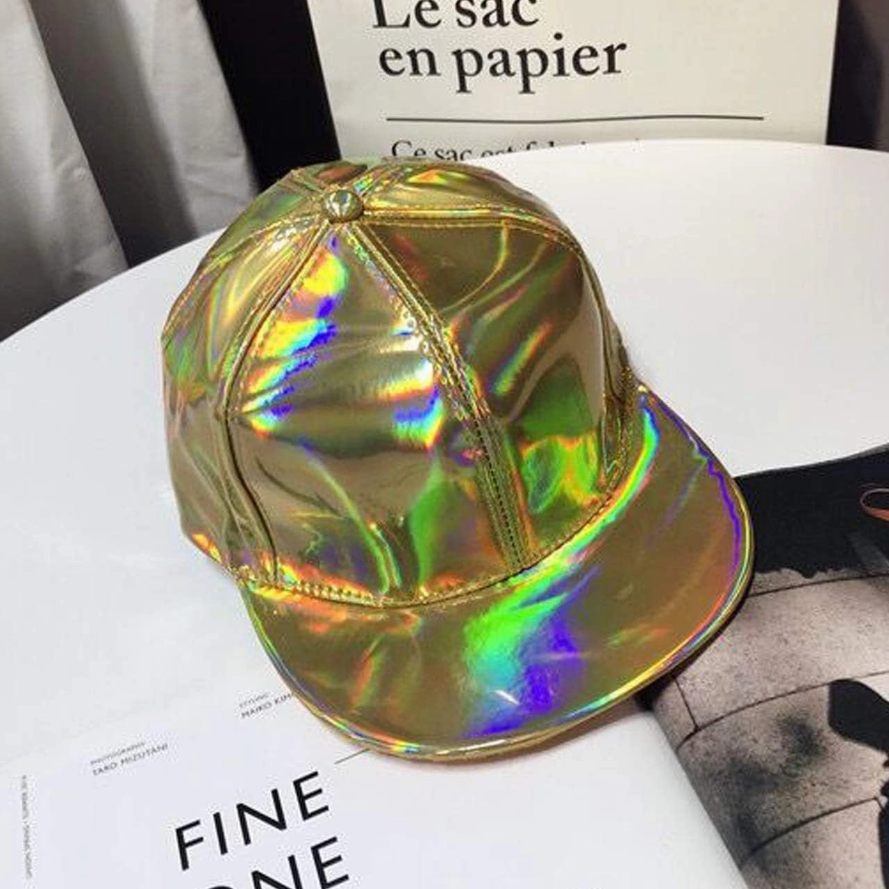FALETO Adjustable Shiny Holographic Baseball Cap Rainbow Reflective Hip Hop Rave Hat Metallic Casual Cap