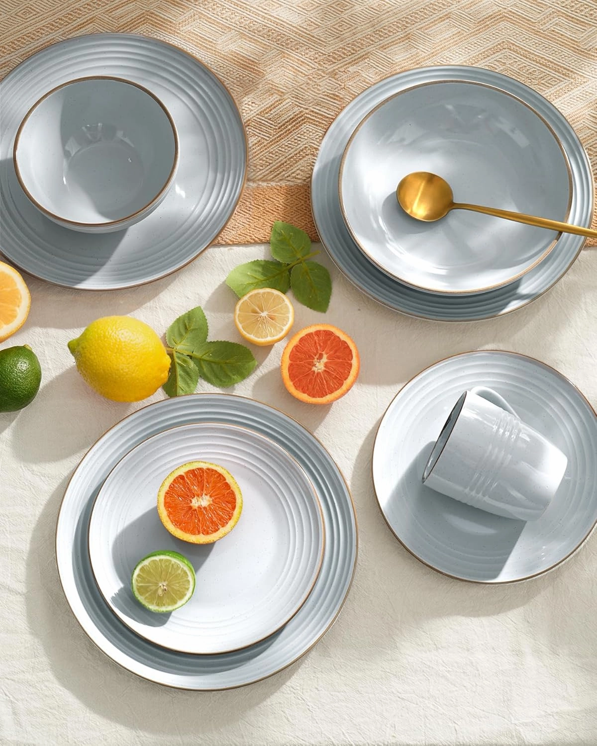 Famiware Jupiter Dinnerware Set, Plates and Bowls Dish Sets for 4 (12 Pieces), Microwave and Dishwasher Safe Stoneware Tableware, Chip and Scratch Resistant, Light Gray