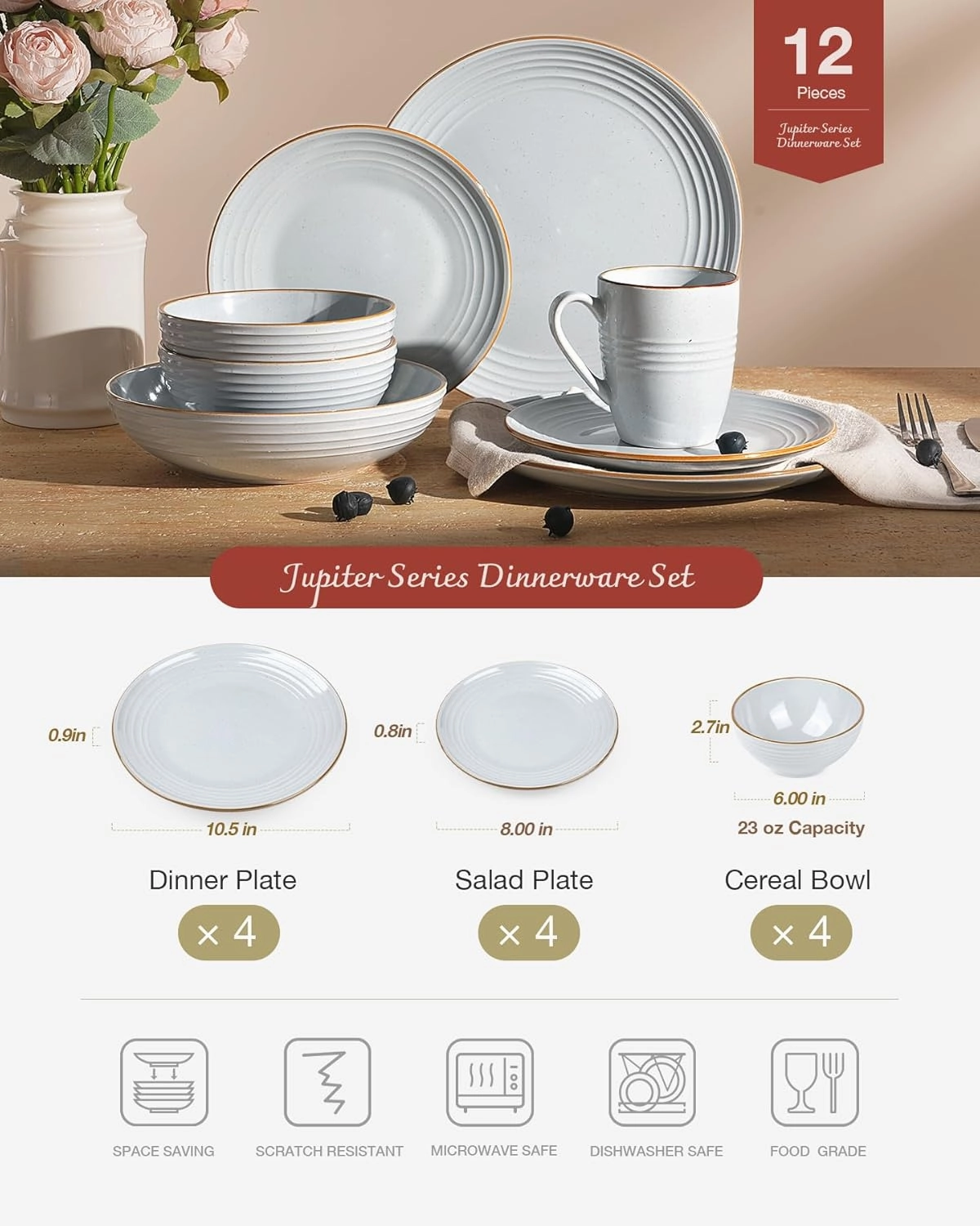 Famiware Jupiter Dinnerware Set, Plates and Bowls Dish Sets for 4 (12 Pieces), Microwave and Dishwasher Safe Stoneware Tableware, Chip and Scratch Resistant, Light Gray
