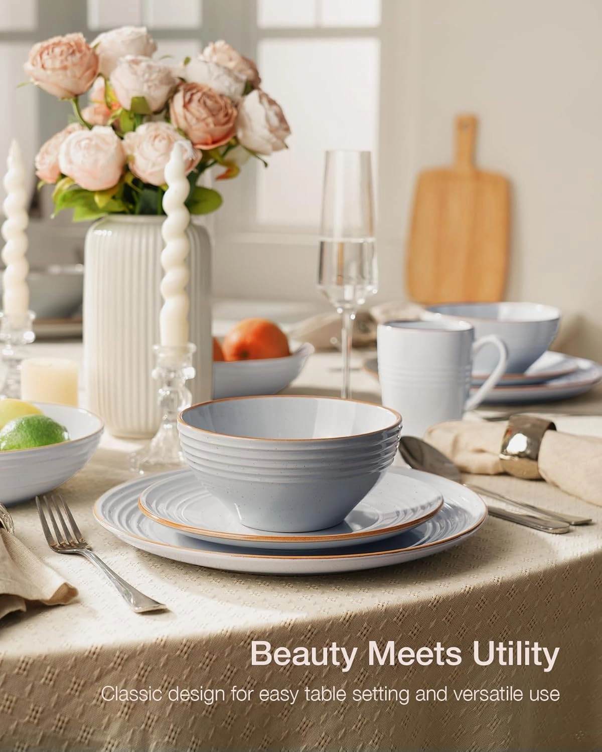 Famiware Jupiter Dinnerware Set, Plates and Bowls Dish Sets for 4 (12 Pieces), Microwave and Dishwasher Safe Stoneware Tableware, Chip and Scratch Resistant, Light Gray