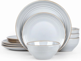 Famiware Jupiter Dinnerware Set, Plates and Bowls Dish Sets for 4 (12 Pieces), Microwave and Dishwasher Safe Stoneware Tableware, Chip and Scratch Resistant, Light Gray