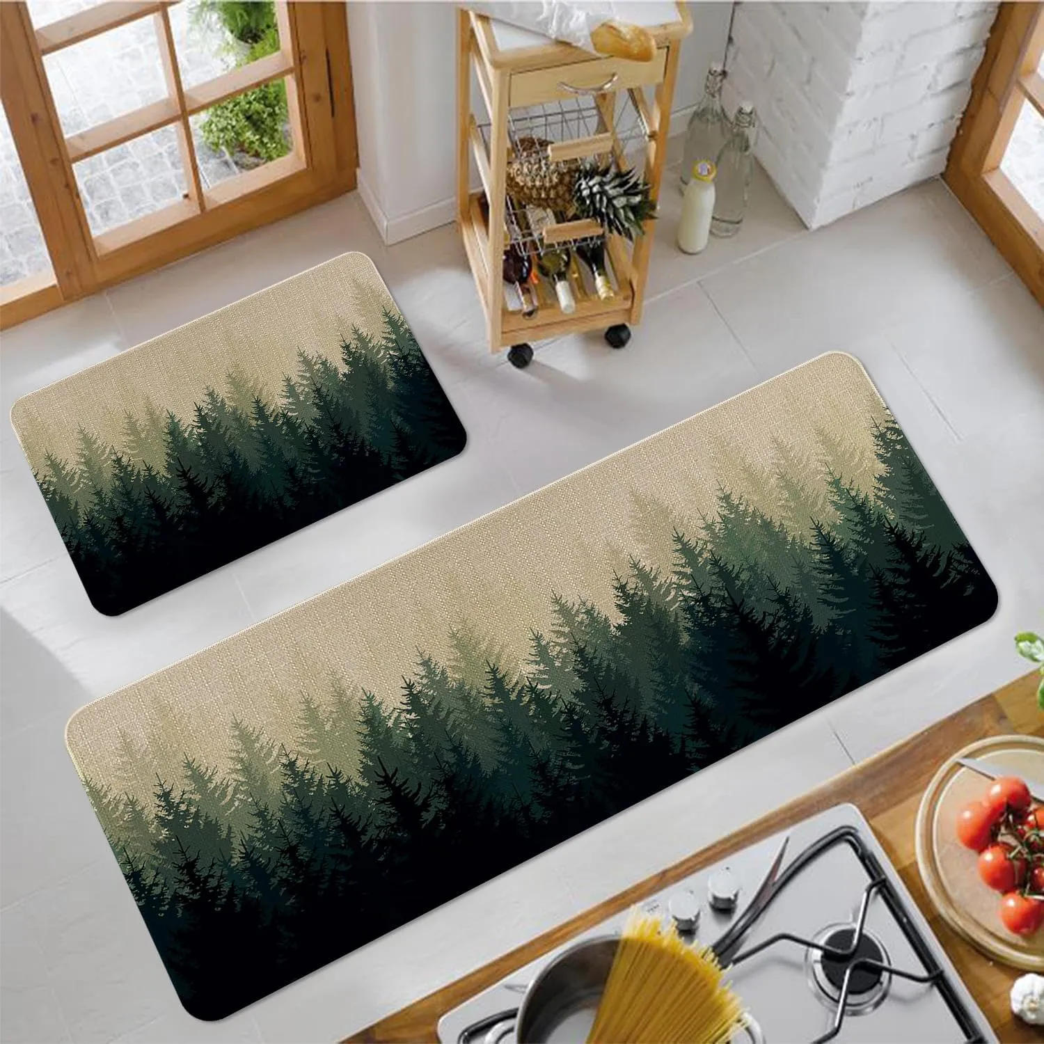 Farmhouse Kitchen Rugs and Mats Sets of 2,Misty Forest Nature Plant Tree Kitchen Mat for Floor, Green White Non-Slip Washable Kitchen Sink Mats Kitchen Decor Doormat Runner Rug