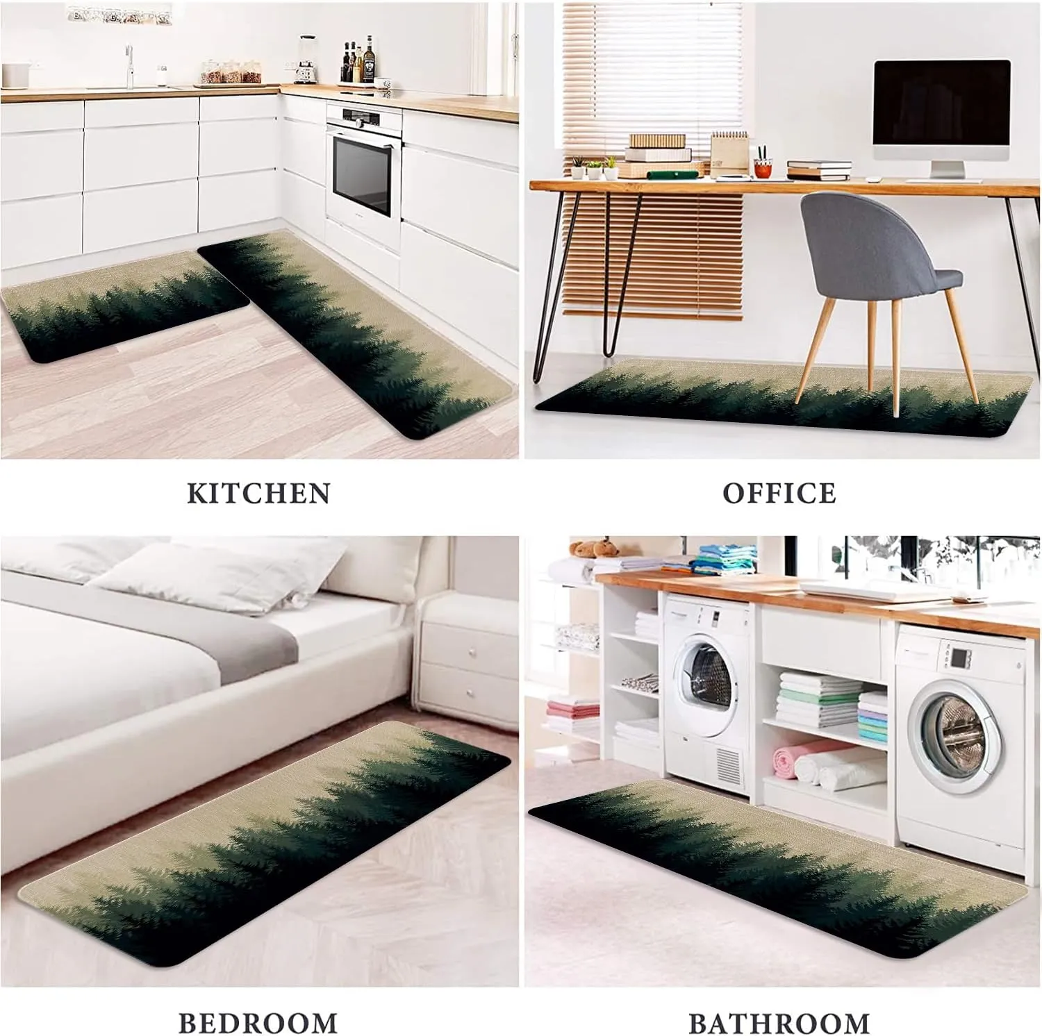 Farmhouse Kitchen Rugs and Mats Sets of 2,Misty Forest Nature Plant Tree Kitchen Mat for Floor, Green White Non-Slip Washable Kitchen Sink Mats Kitchen Decor Doormat Runner Rug