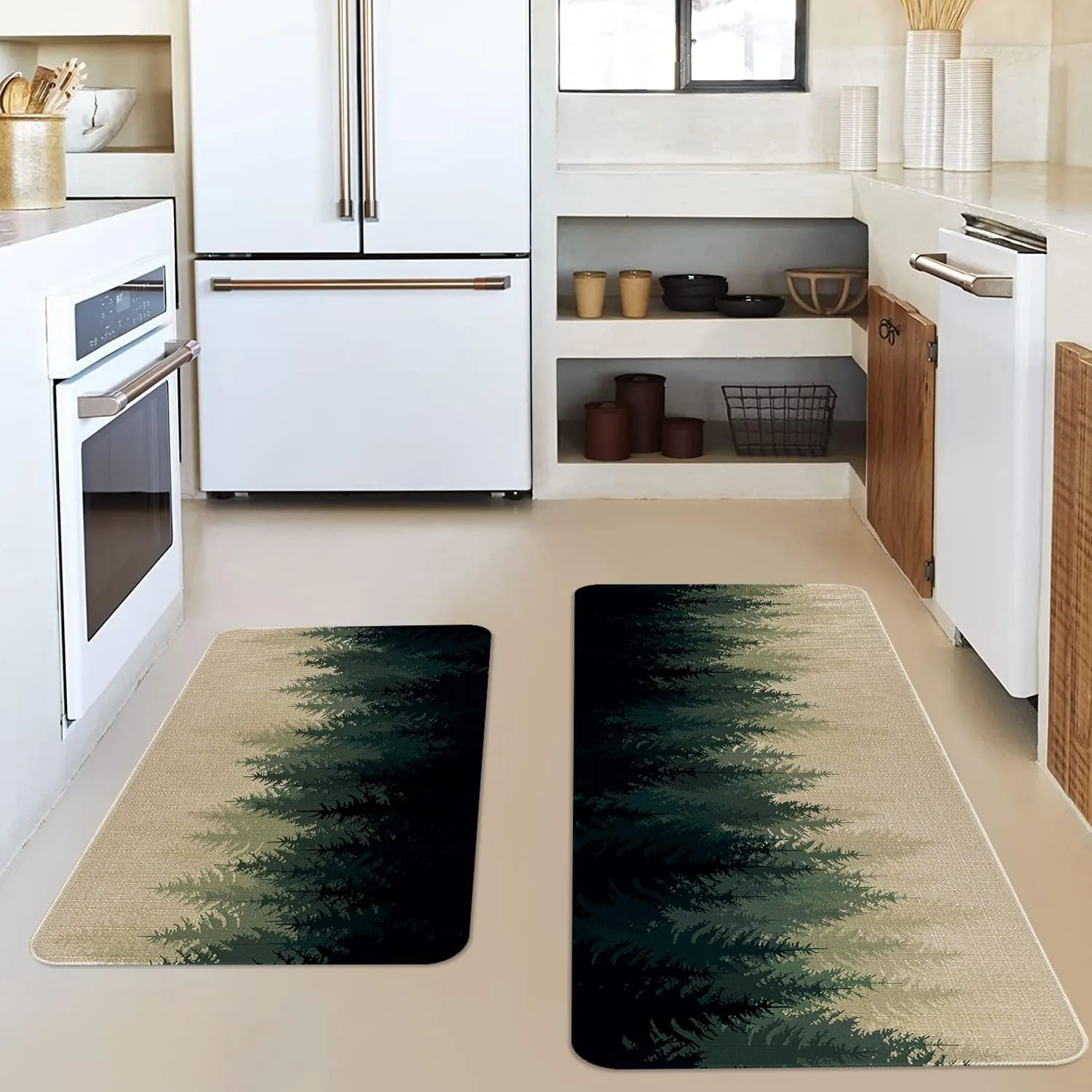 Farmhouse Kitchen Rugs and Mats Sets of 2,Misty Forest Nature Plant Tree Kitchen Mat for Floor, Green White Non-Slip Washable Kitchen Sink Mats Kitchen Decor Doormat Runner Rug
