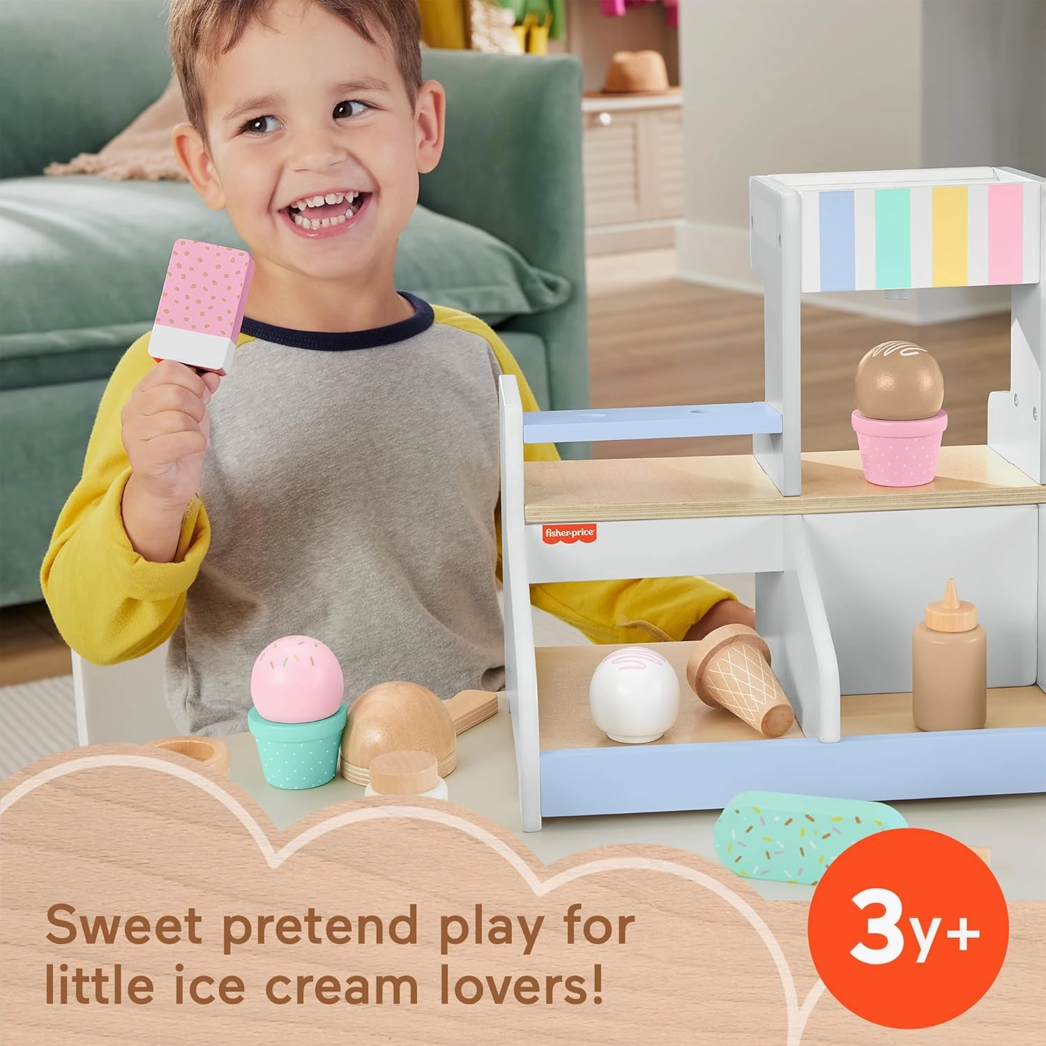 Fisher-Price Wood Pretend Play Toy Ice Cream Shop Set, 18-Piece Wooden Food Playset for Preschool Kids Ages 3  Years