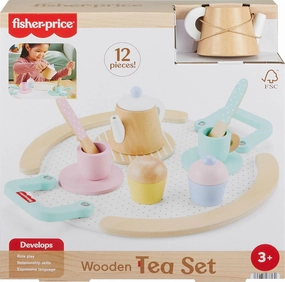 Fisher-Price Wood Pretend Play Toy Tea Set, 12-Piece Wooden Playset with Teapot, Cups & Saucers for Preschool Kids Ages 3  Years