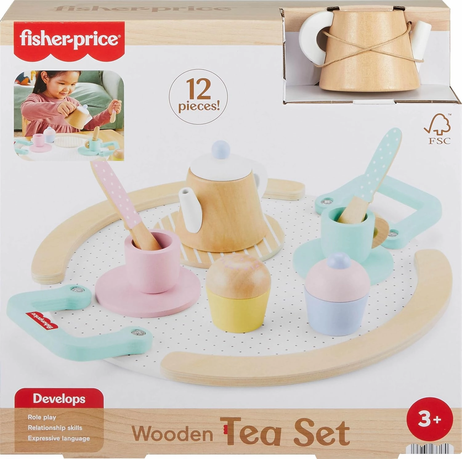 Fisher-Price Wood Pretend Play Toy Tea Set, 12-Piece Wooden Playset with Teapot, Cups & Saucers for Preschool Kids Ages 3  Years