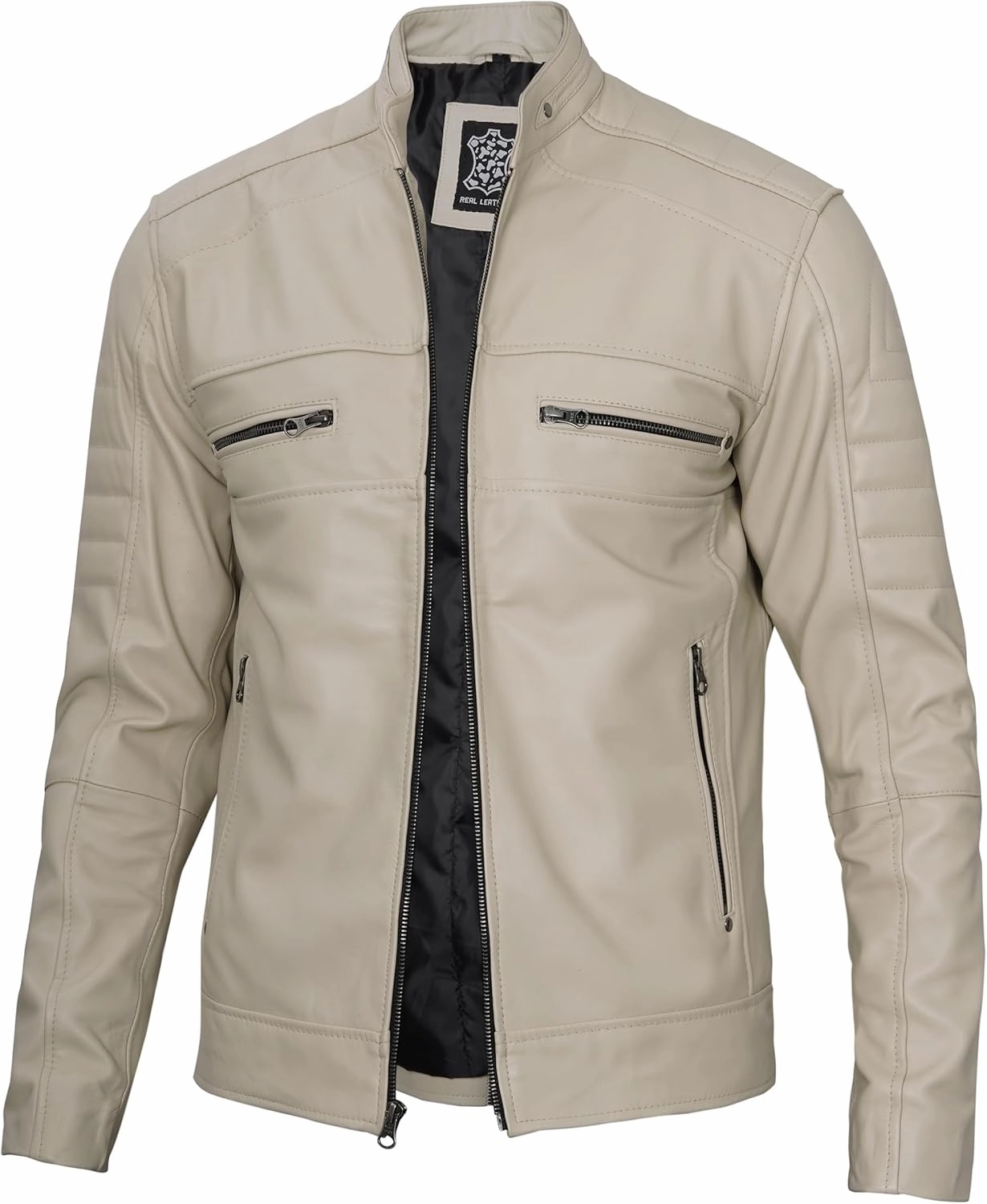fjackets Cafe Racer Leather Jacket Men - Real Lambskin Natural Grain Leather Motorcycle Jackets For Mens
