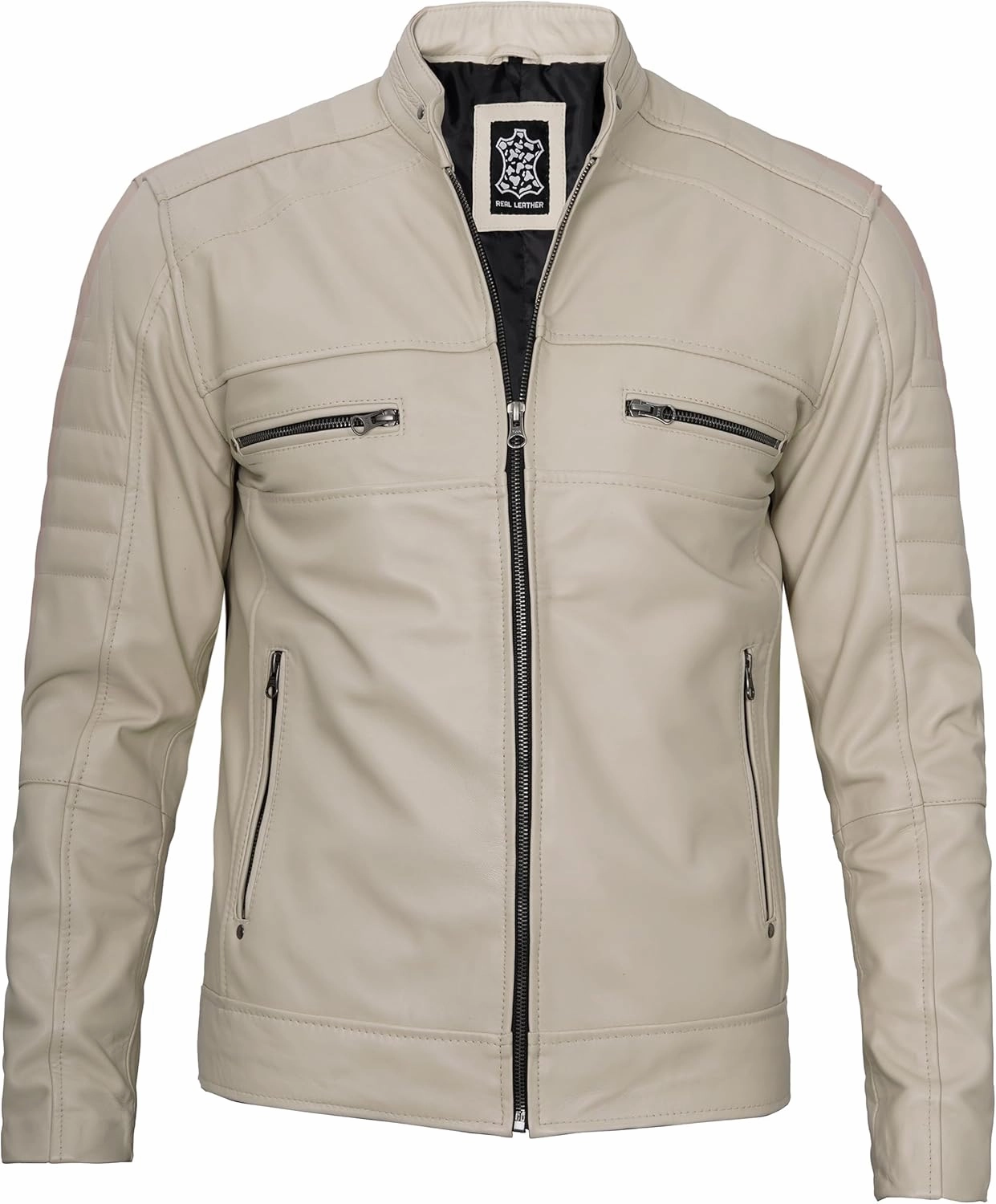 fjackets Cafe Racer Leather Jacket Men - Real Lambskin Natural Grain Leather Motorcycle Jackets For Mens