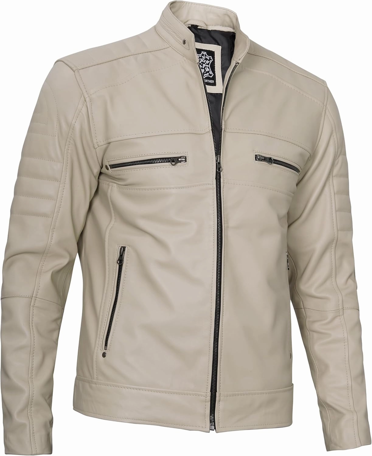 fjackets Cafe Racer Leather Jacket Men - Real Lambskin Natural Grain Leather Motorcycle Jackets For Mens