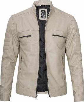 fjackets Cafe Racer Leather Jacket Men - Real Lambskin Natural Grain Leather Motorcycle Jackets For Mens