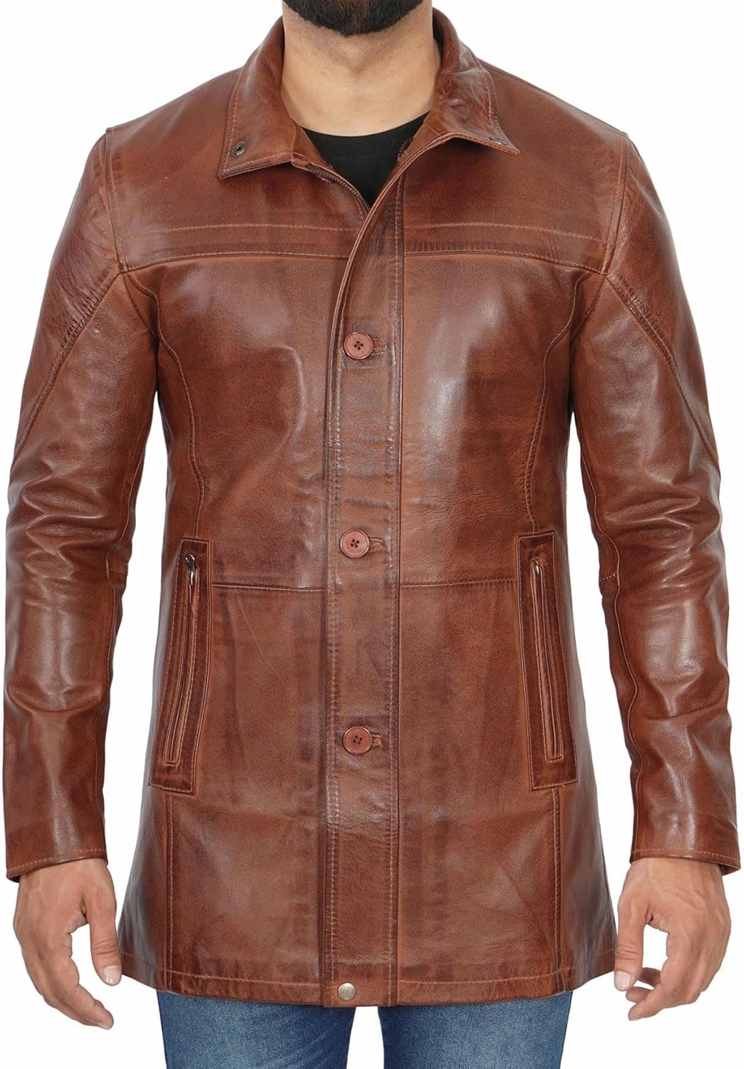 fjackets Leather Car Coats For Men – ¾ Length Real Lambskin Mens Fashion Brown & Black Leather Jacket Men