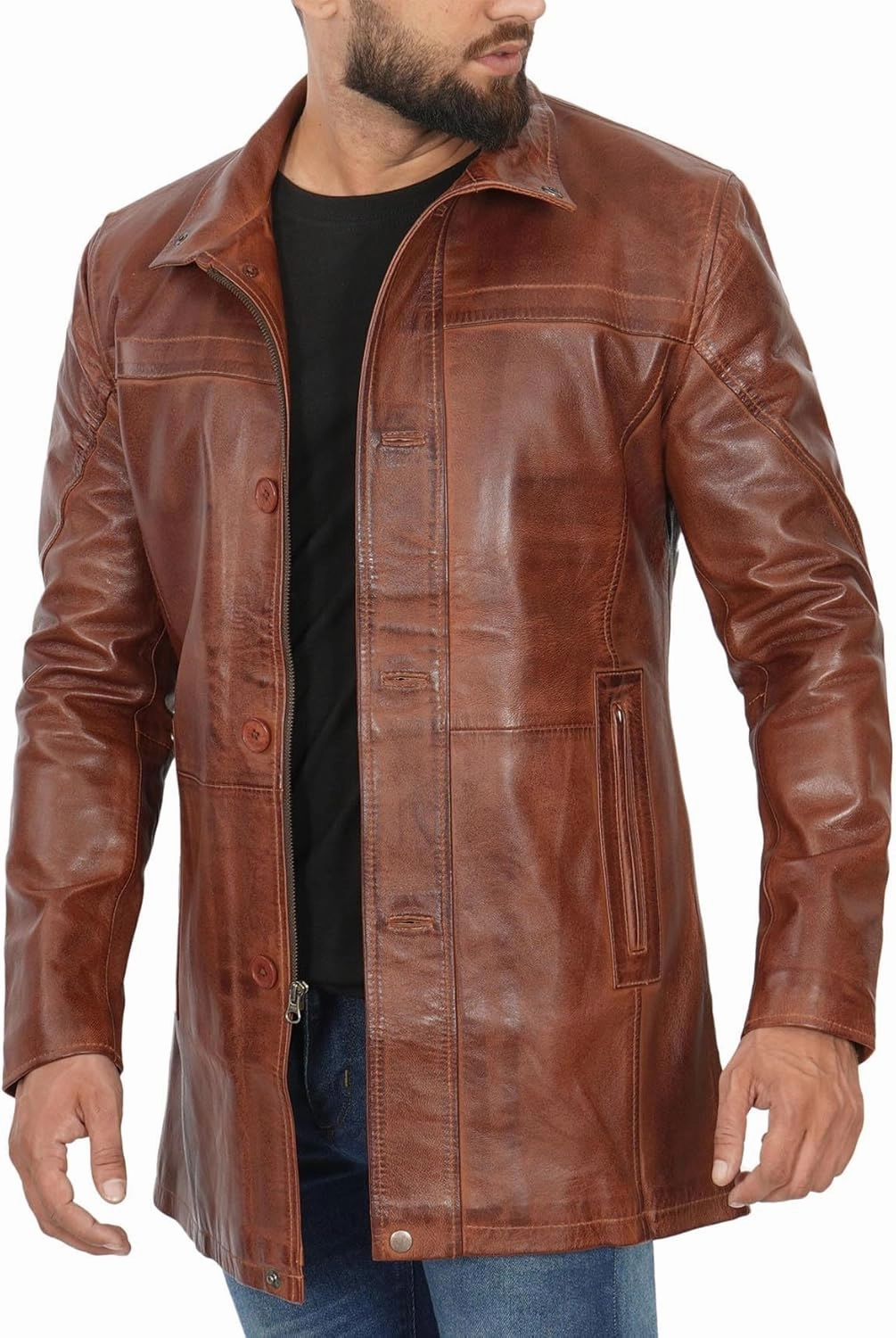 fjackets Leather Car Coats For Men – ¾ Length Real Lambskin Mens Fashion Brown & Black Leather Jacket Men
