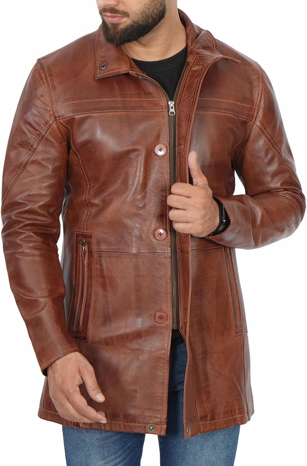 fjackets Leather Car Coats For Men – ¾ Length Real Lambskin Mens Fashion Brown & Black Leather Jacket Men