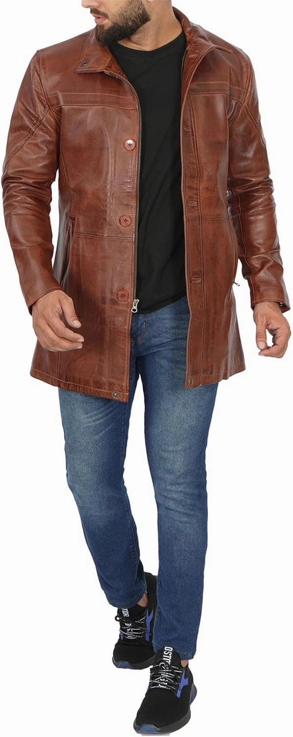 fjackets Leather Car Coats For Men – ¾ Length Real Lambskin Mens Fashion Brown & Black Leather Jacket Men