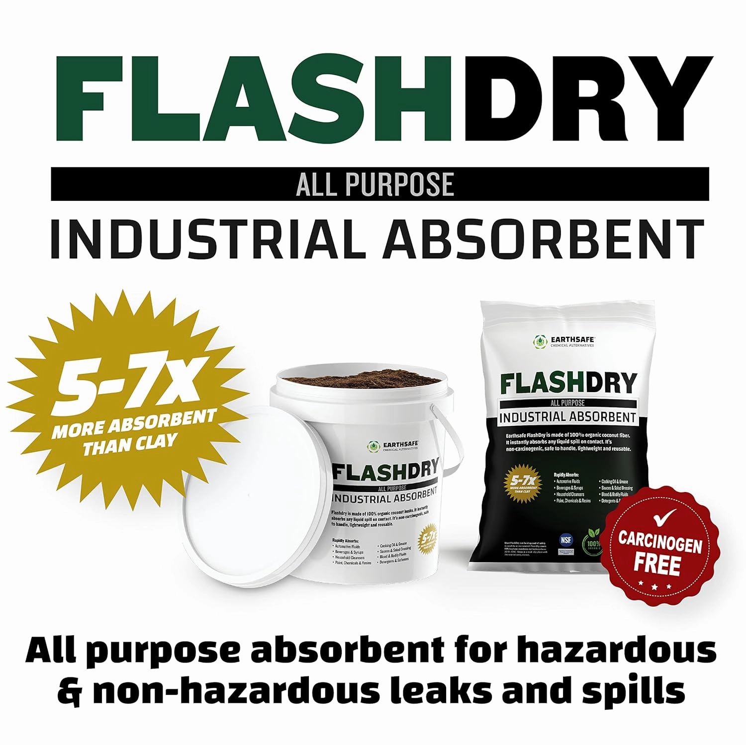 FlashDry Hydrophobic Industrial Absorbent - 50L Bag, Organic Coconut Coir, Absorbs Hydrocarbons, Bodily Fluids, Machine Fluids, Grease - Not for Water, 5-7x More Absorbent Than Clay, OSHA Compliant