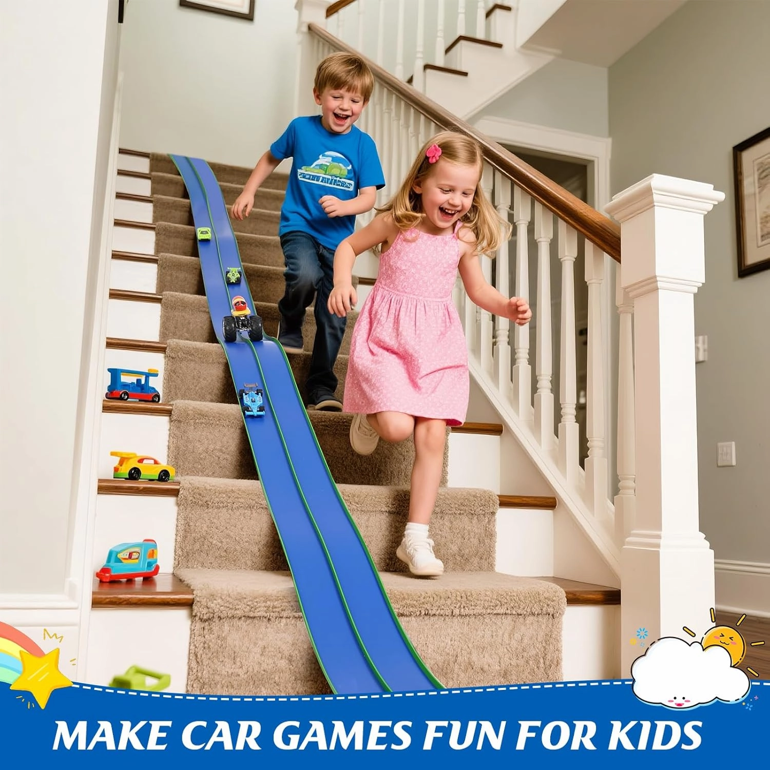 Flexible Race Car Track 15 Ft Starter Set with Suction Cups Compatible with Hot Wheels and Diecast 1/64th Car for Ages 3 & Up Classic Long Rolls Up Portable Racetrack (Blue&Green)