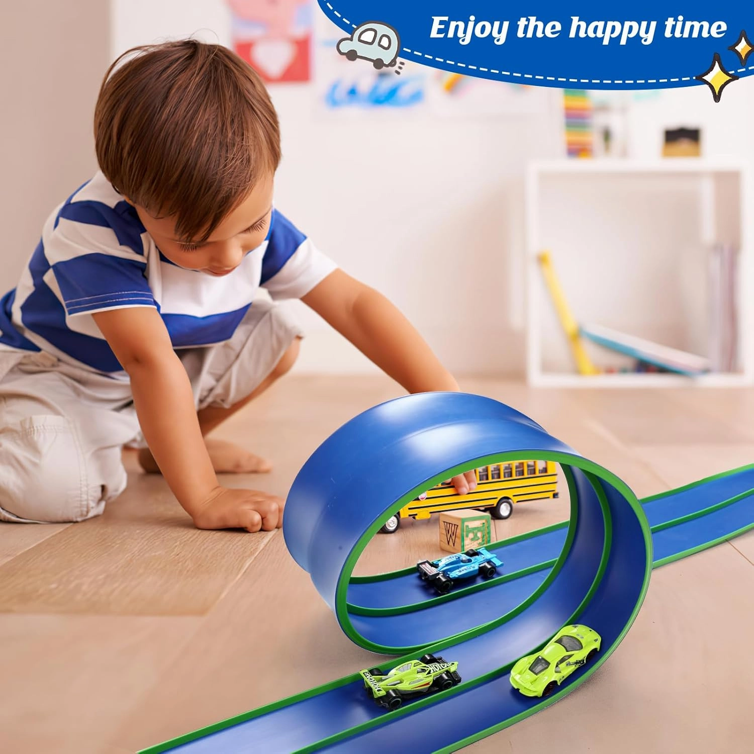 Flexible Race Car Track 15 Ft Starter Set with Suction Cups Compatible with Hot Wheels and Diecast 1/64th Car for Ages 3 & Up Classic Long Rolls Up Portable Racetrack (Blue&Green)