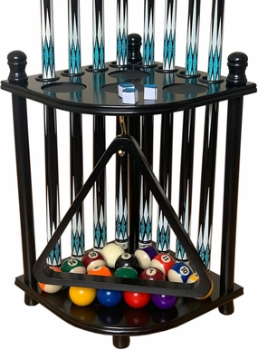 Floor Pool Cue Rack Hold 8 Cue Sticks & Billiard Accessories. Corner Stand Pool Cue Holder Made of 100% Solid Hardwood. Provided Ball Rack Hook. CUE RACK ONLY (Black)