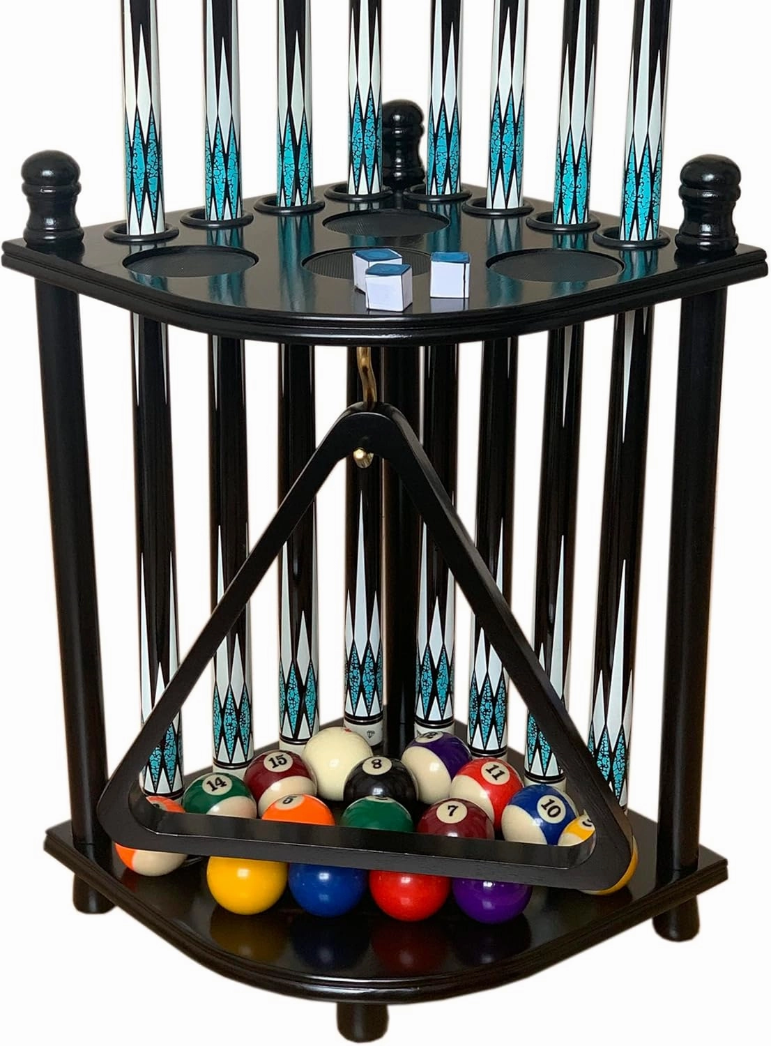 Floor Pool Cue Rack Hold 8 Cue Sticks & Billiard Accessories. Corner Stand Pool Cue Holder Made of 100% Solid Hardwood. Provided Ball Rack Hook. CUE RACK ONLY (Black)
