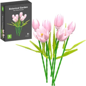 Flower Bouquet Building Toy Set Tulips, Botanical Building Blocks for Adults Home Office Decor Pink Color