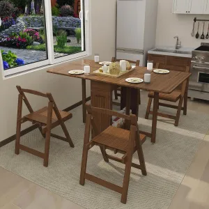 Folding Dining Table with Chairs Set for 4 - Drop Leaf Foldable Dining Table with 4 Chairs, Solid Bamboo with Storage Drawers and Casters Suitable for Small Space Kitchen, No Assembly Required(Brown)